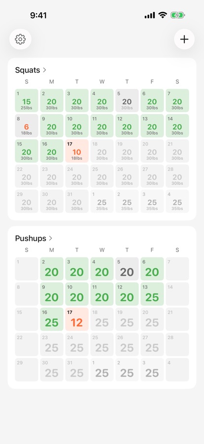 RepTracker main screen showing exercise cards as monthly calendar grids