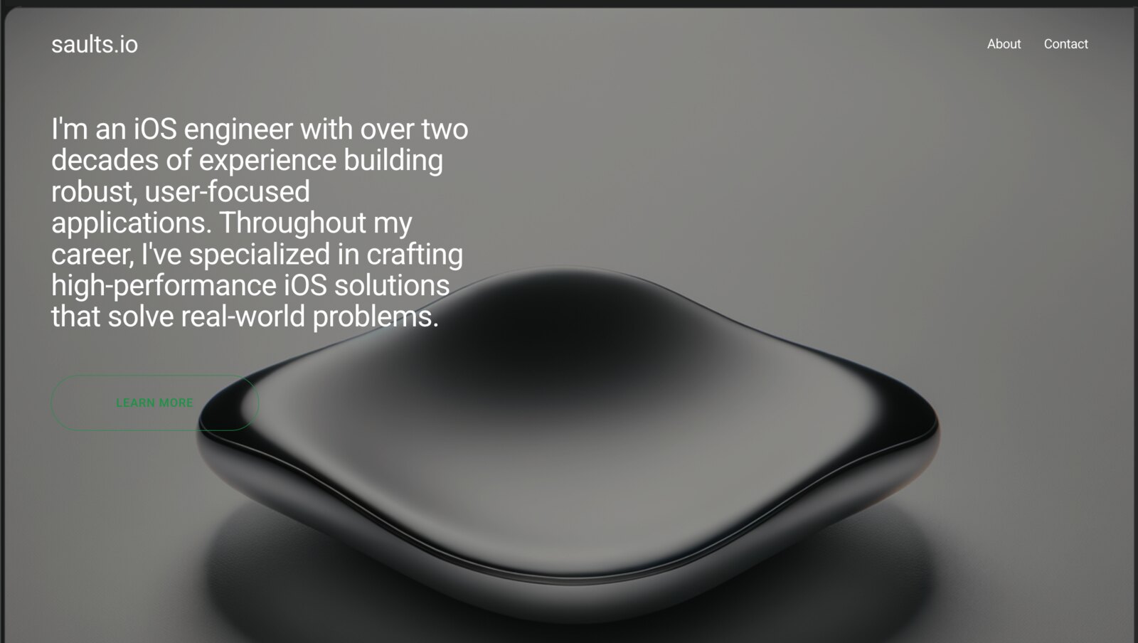 The previous saults.io: a Squarespace template with a stock 3D render and a paragraph of generic copy
