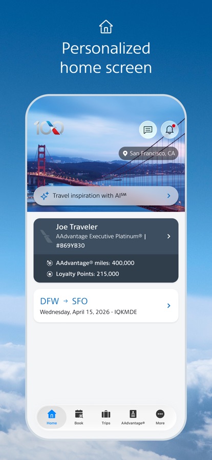 American Airlines app home screen showing AAdvantage status, miles, Loyalty Points and an upcoming DFW to SFO trip