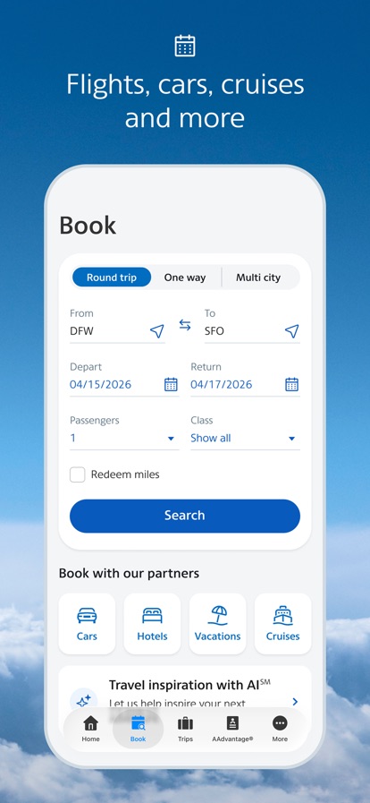 American Airlines booking screen with round trip, one way and multi city tabs above origin, destination and date fields
