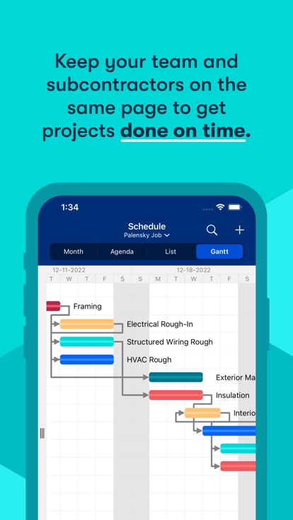 Buildertrend schedule in Gantt view with framing, electrical and HVAC bars linked by dependency arrows across two weeks