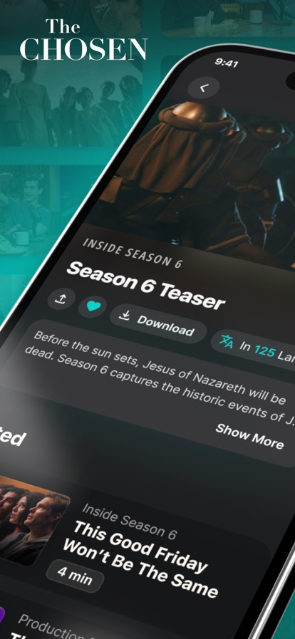 The Chosen episode detail showing a Season 6 teaser with share, favourite and download controls above a subtitle language count