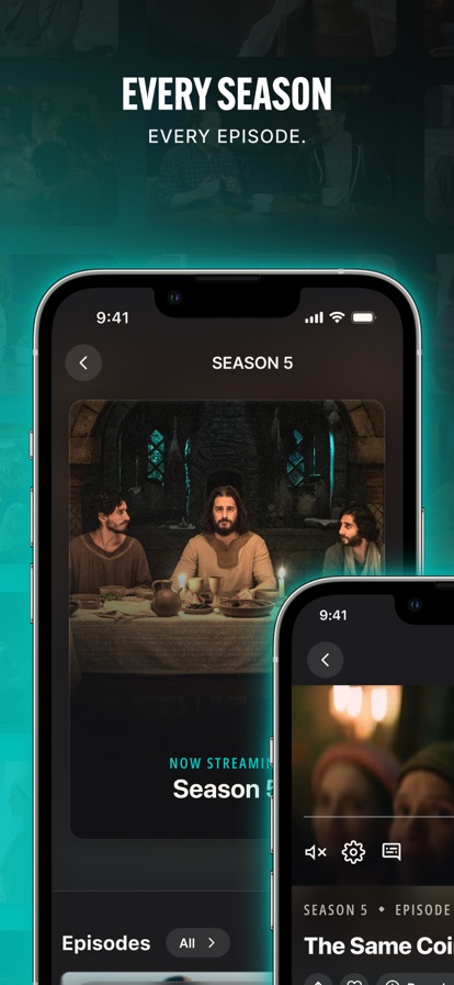 The Chosen season browser showing Season 5 artwork above its episode list, beside the player with its caption and settings controls