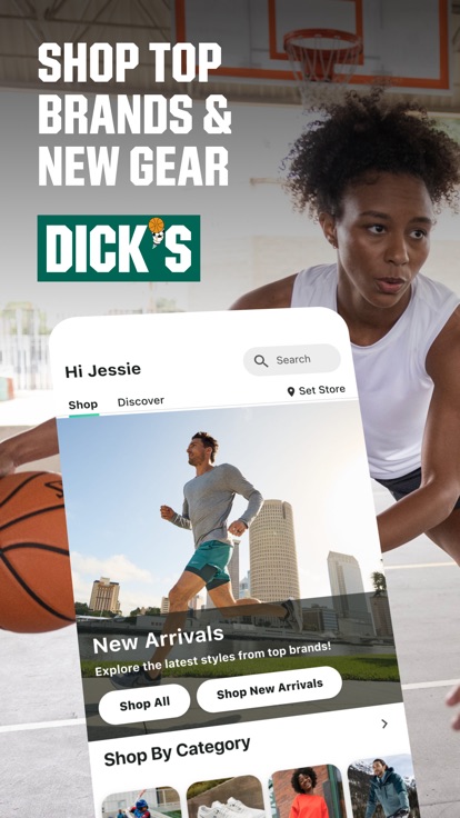 Dick&rsquo;s Sporting Goods storefront with a greeting, store picker, search and a New Arrivals carousel above category tiles