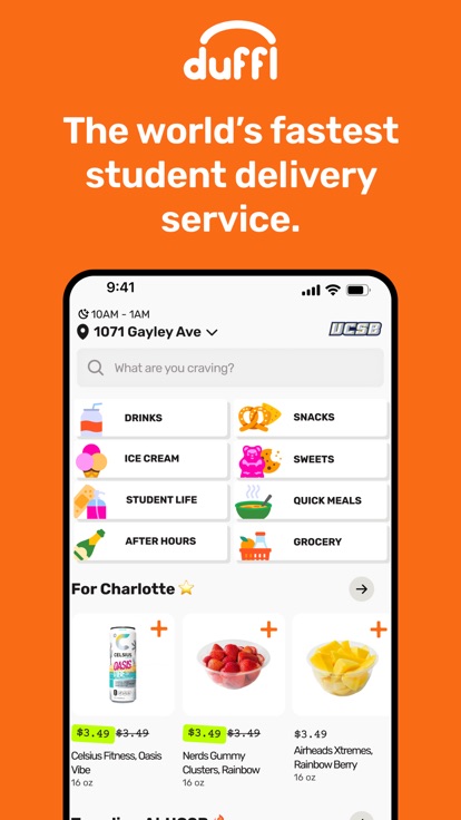 Duffl storefront at a UCSB address showing craving-led category tiles and a personalized row of snack items with prices