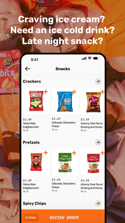 Duffl snacks aisle with crackers and pretzels rows, each item priced, above a review order bar showing five items