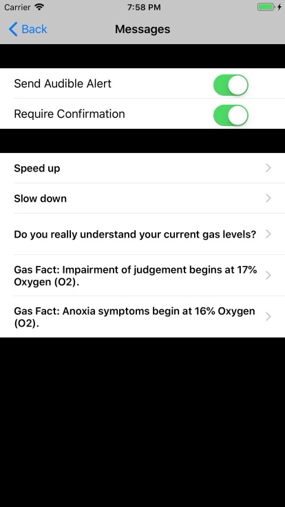 Gas Monitor Simulator trainer messages screen: toggles for an audible alert and required confirmation above sendable prompts including speed up, slow down and gas facts about oxygen levels