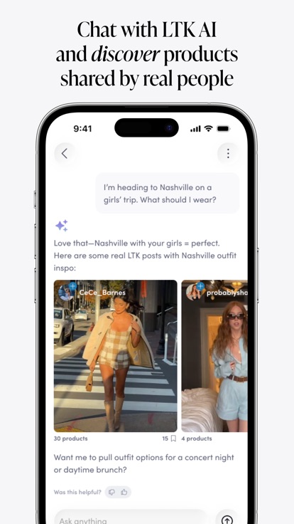 LTK shopper app AI chat suggesting outfit posts for a trip, with real creator posts returned inline