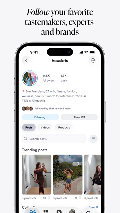 LTK creator profile in the shopper app with posts, videos and products tabs above a grid of trending posts