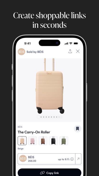 LTK Creator product detail for a carry-on roller showing colorways, commission rate and a copy link action