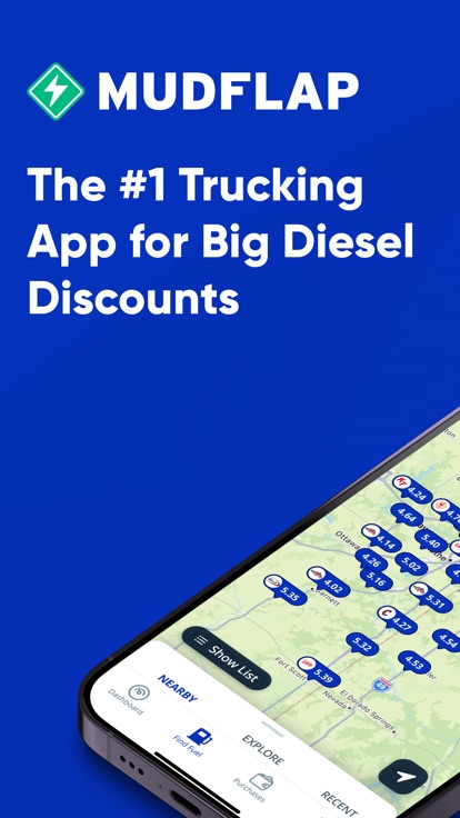 Mudflap map showing per gallon diesel prices pinned across nearby truck stops with a show list control