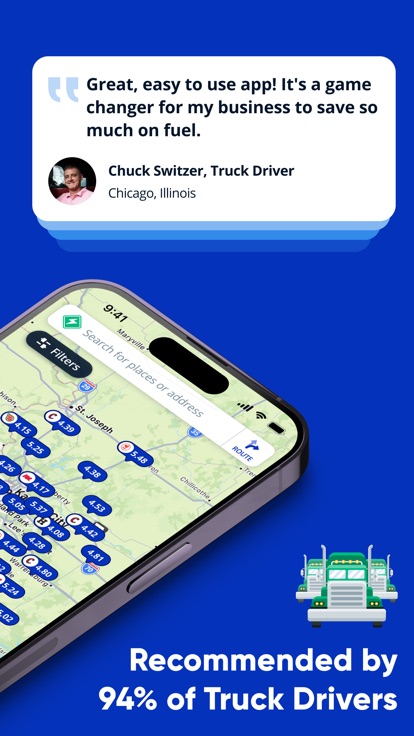 Mudflap search and route view with priced fuel stops across a region and a driver testimonial above it
