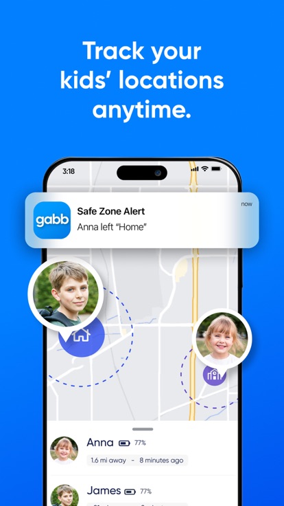 MyGabb map showing two children located with photo pins, a Safe Zone alert banner, and a list of children with distance and battery