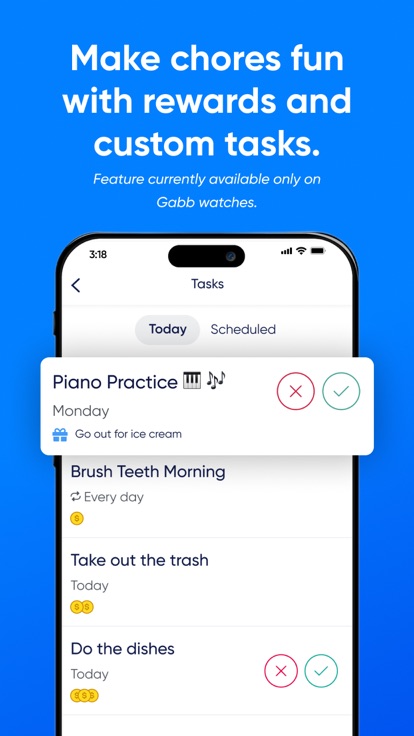 MyGabb task list with recurring chores, coin rewards and accept or decline controls for each one