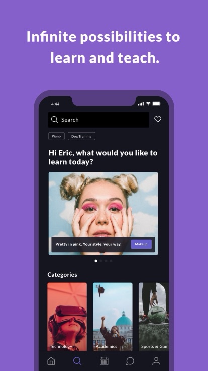 QuickTutor browse screen: a search field above subject chips for piano and dog training, a featured makeup lesson card, and a row of category tiles for technology, academics and sports