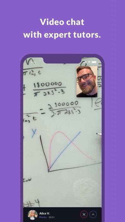 QuickTutor video session: a tutor&rsquo;s whiteboard of physics working fills the screen with the learner in a corner tile and an eight-minute session timer