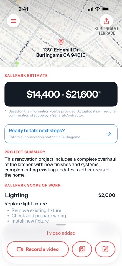 Spacelift project screen showing a mapped address, a ballpark estimate range, a project summary and a line by line scope of work