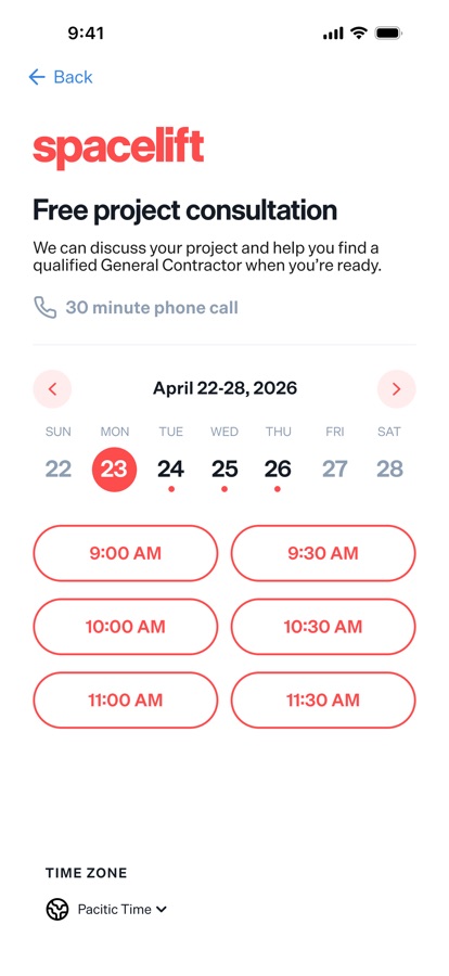 Spacelift consultation booking screen with a week of dates and available 30 minute call times