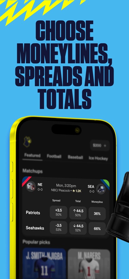 Underdog matchup screen showing spread, total and moneyline for a Patriots and Seahawks game with pick percentages