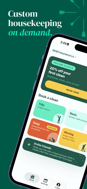 Vella home screen with the next scheduled clean and a button to book a new one