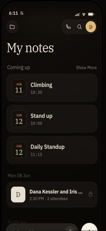 Boswell for iOS My notes screen: upcoming meetings as dated cards above past notes, with an ask anything bar at the bottom