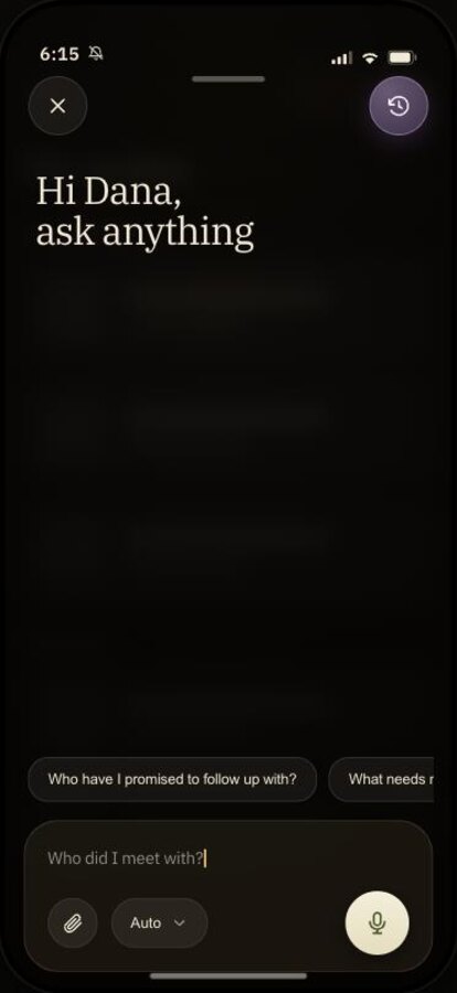 Boswell for iOS ask screen: a greeting above suggested questions such as who have I promised to follow up with, and a composer with a microphone
