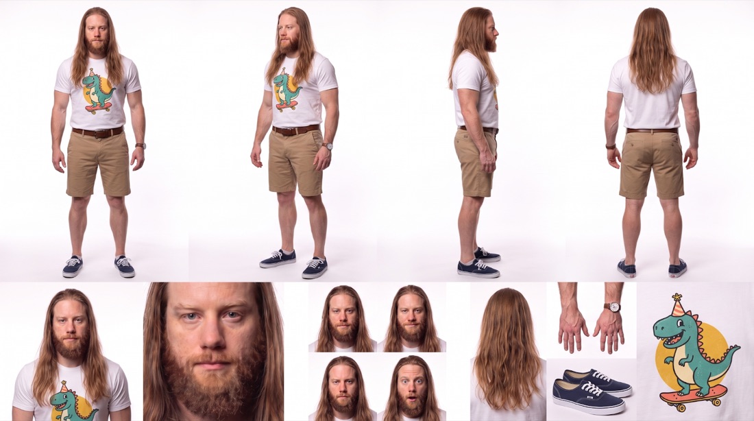 Three-panel character sheet: a tall bearded man in a white dinosaur-graphic T-shirt, khaki shorts and navy sneakers