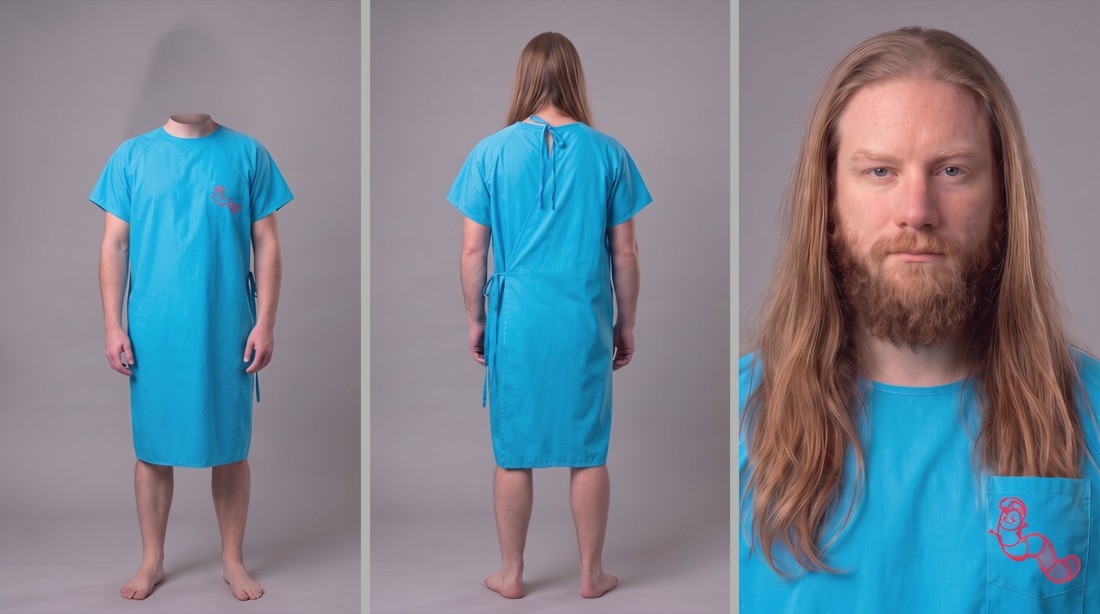 Three-panel character sheet: the patient in a sky-blue hospital gown with a worm print pocket, front, back and headshot