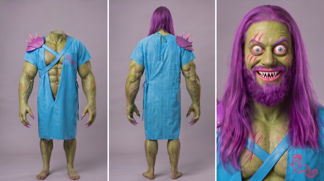 Three-panel character sheet: the freak, green skin, purple hair and beard, bulging eyes, spiked pauldron