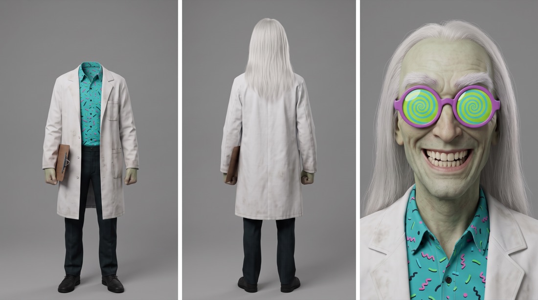 Three-panel character sheet: the scientist in a white lab coat, long white hair, purple spiral glasses