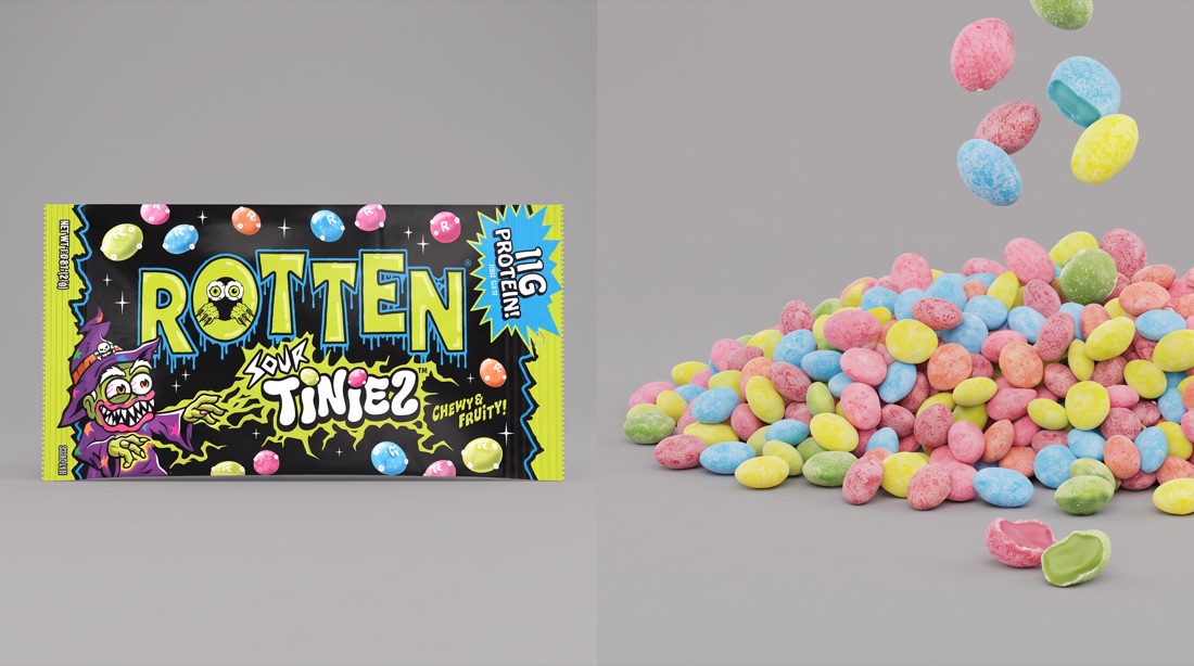 Product sheet: the Sour Tiniez bag front beside a pile of the candy