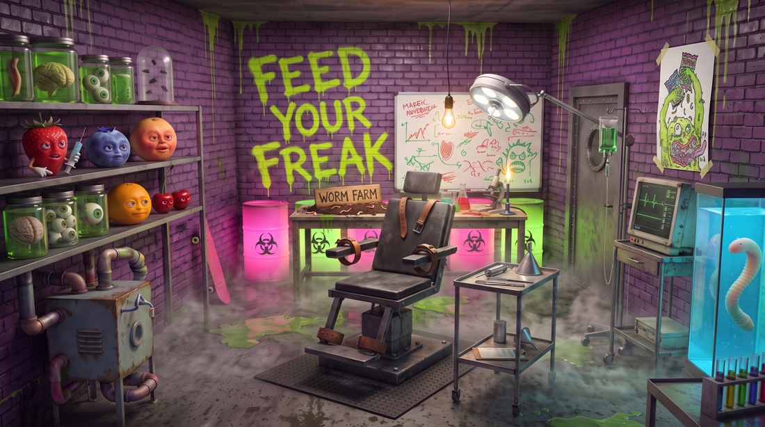 Environment reference: the underground lab with the restraint chair, worm farm bench and wall poster