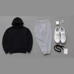 Flat-lay: black hoodie, grey joggers, white sneakers, earbuds and a lanyard with a blank badge