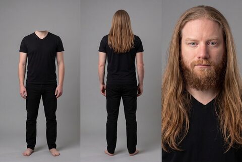 Three-panel character sheet: a man with long strawberry-blond hair and a beard in a black tee