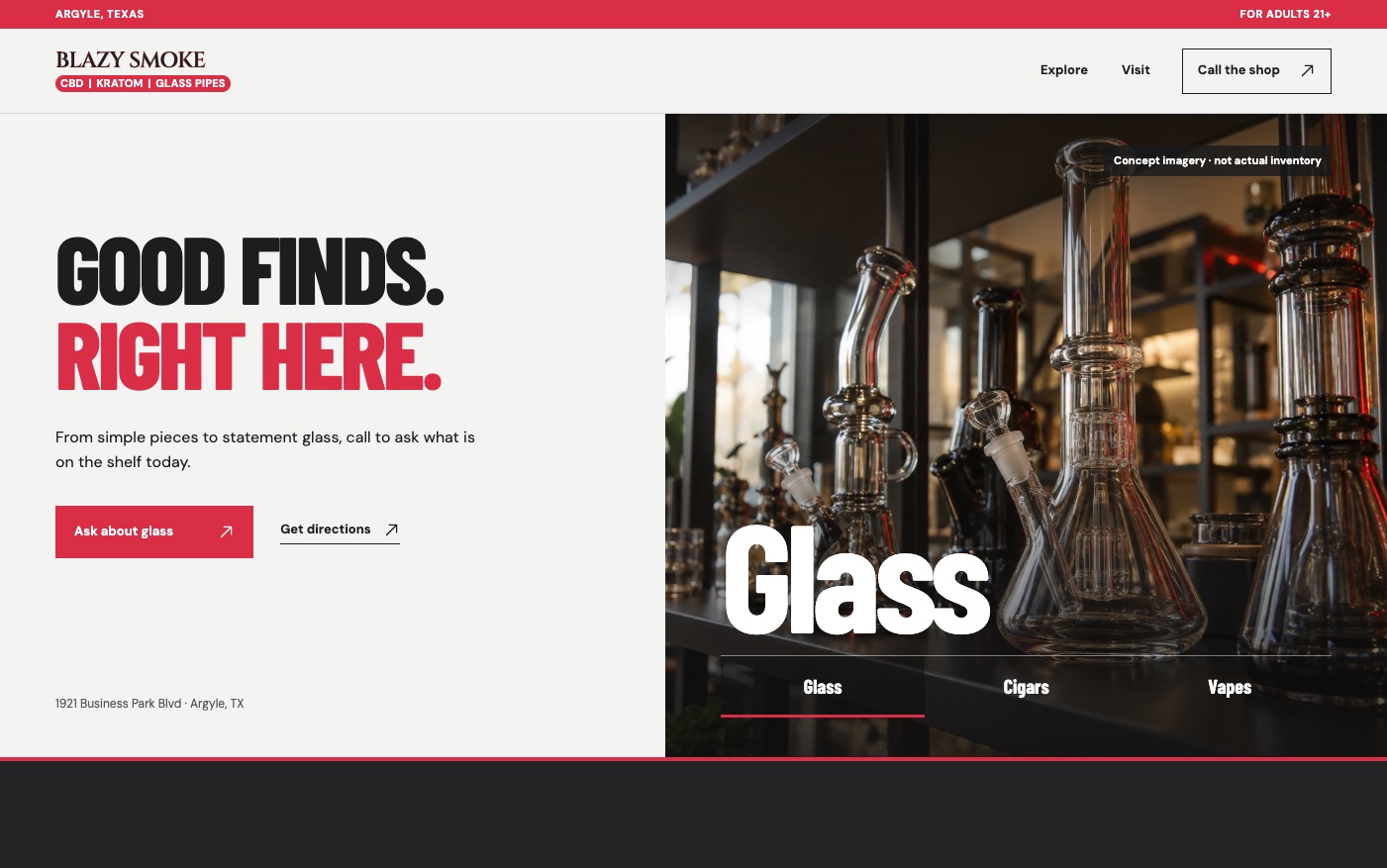 Blazy Smoke homepage: the headline Good finds. Right here. beside a shelf of glass pieces with a Glass, Cigars and Vapes switcher