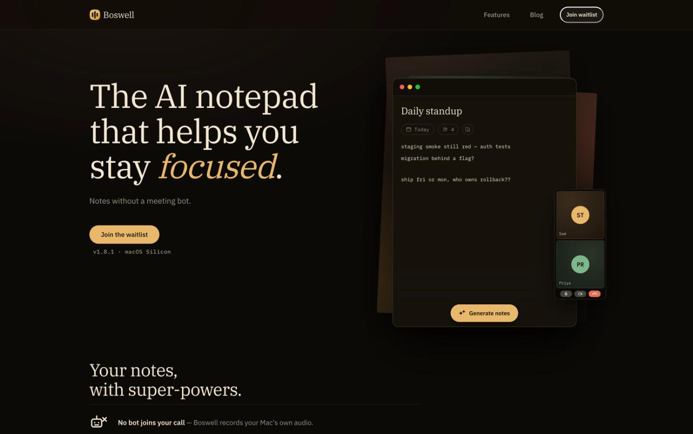Boswell homepage: the headline beside a mockup of the note-taking window