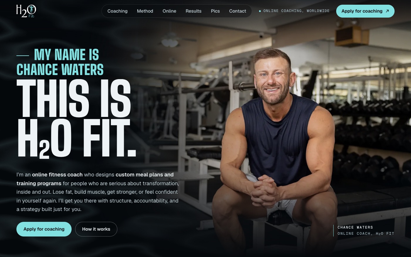 H2O Fit homepage: the headline This is H2O Fit beside Chance Waters sitting on a bench in a gym, with an Apply for coaching button