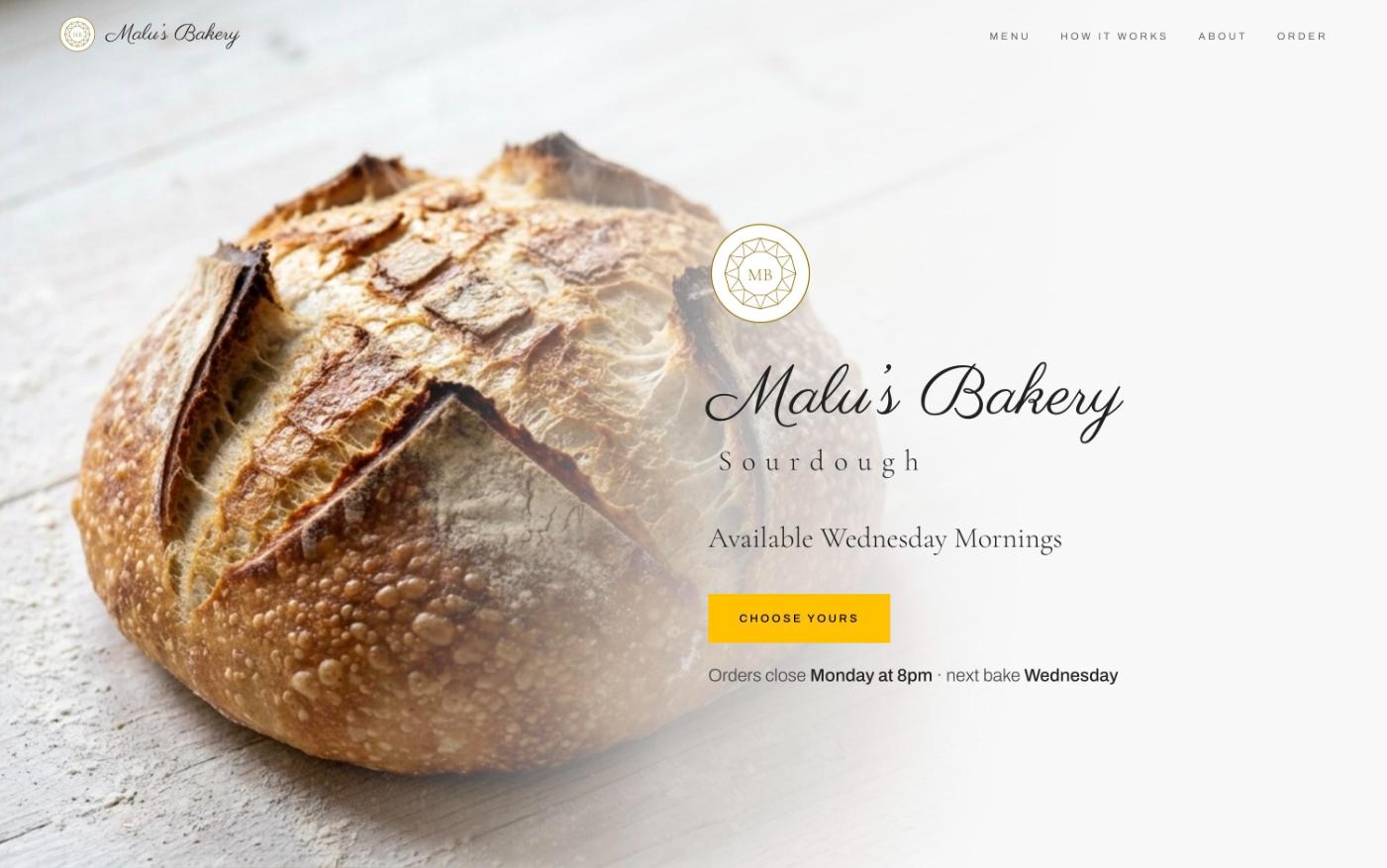 Malu&rsquo;s Bakery homepage: a sourdough loaf beside the ordering call to action