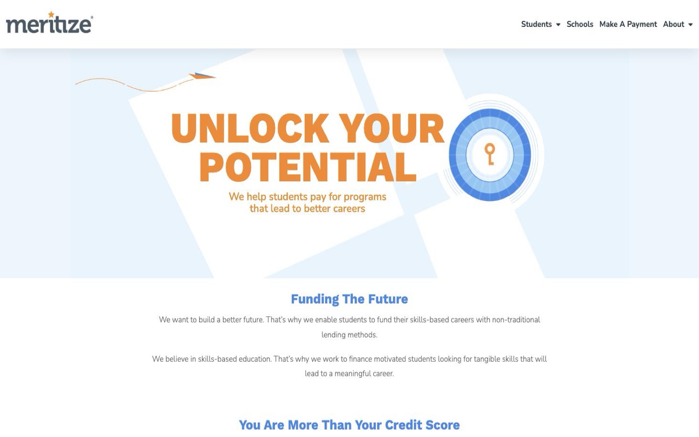Meritize homepage: the Unlock Your Potential headline above an introduction to skills-based education financing