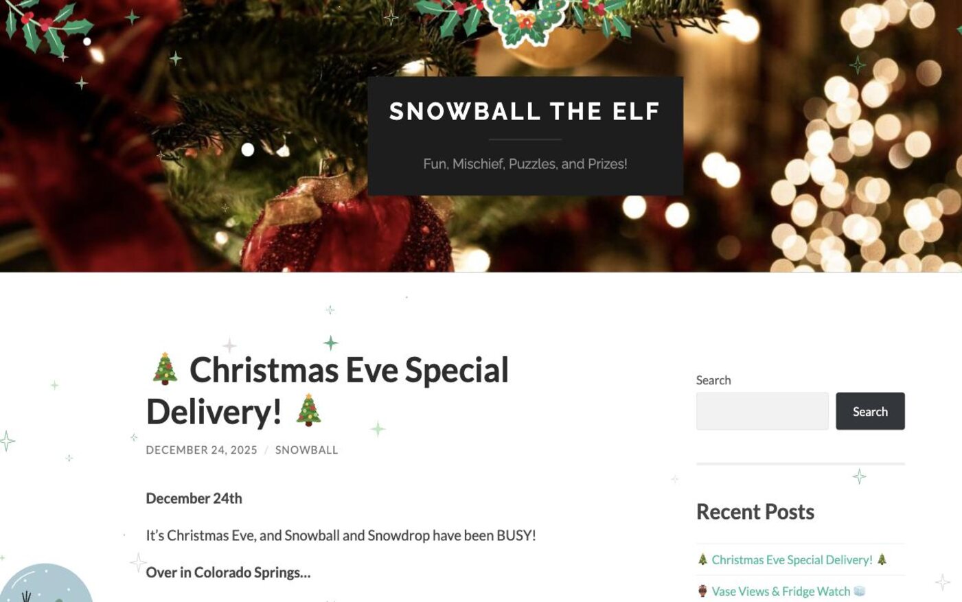 Snowball the Elf homepage: the title over a Christmas tree photograph, above the latest dated post and a recent posts sidebar