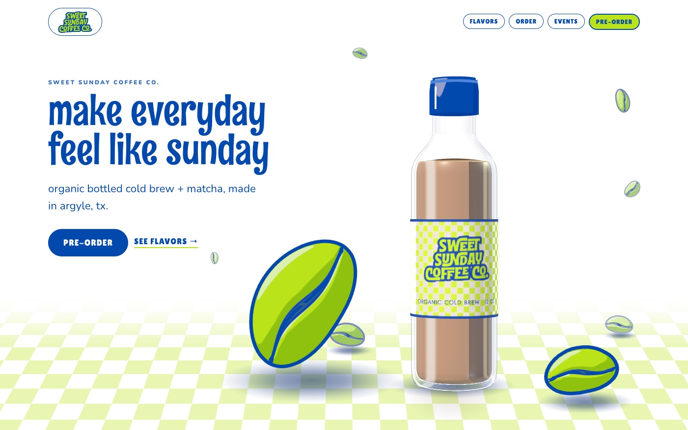 Sweet Sunday Coffee Co. homepage: the tagline make everyday feel like sunday in a wavy blue frame beside a cartoon bottle of cold brew on a lime checkerboard floor